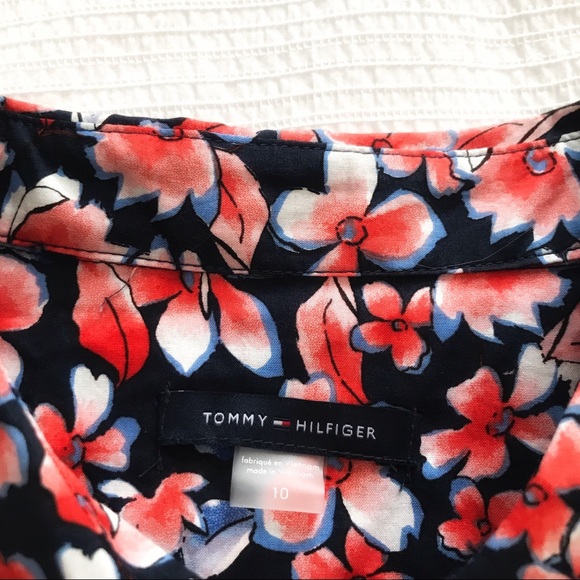 TOMMY HILFIGER NAVY CORAL FLORAL SLEEVELESS SHIRT BELTED FIT & FLARE MIDI - 10 - Picture 6 of 12
